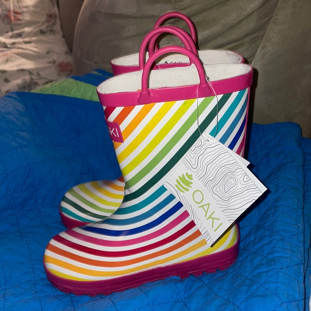 Oaki Rainbow Stripes Loop Handle Rubber Rain Boots